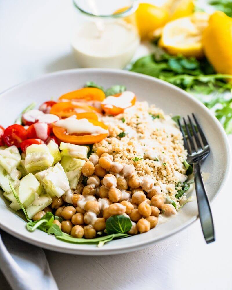 Chickpea Couscous Bowls with Tahini Sauce | 28 Day Vegetarian Meal Plan | Vegetarian weekly meal plan | Meal planning ideas | Meal prep plans | Meal planning calendar