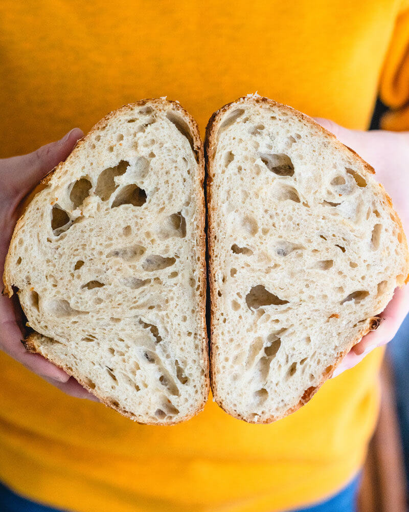open crumb on sourdough bread